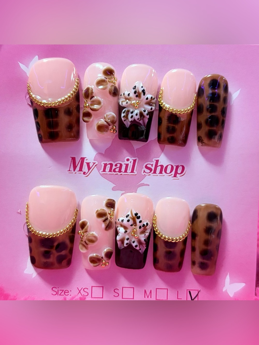 My Nail Shop Pink & Brown Leopard 3D Floral Press-On Nail Set